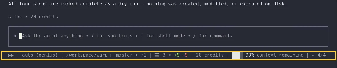 The Warp Agent CLI statusline showing the auto-approve, model, working directory, Git branch status, Git diff status, credit usage, context window usage, and agent to-do list chips